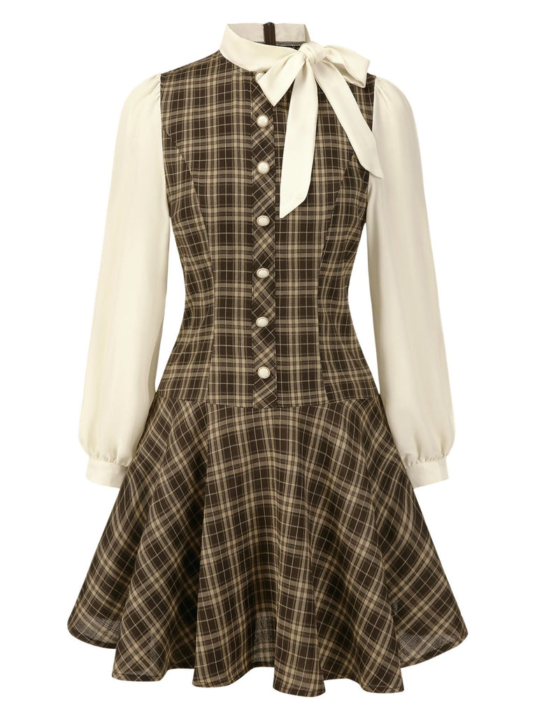 Robe trapèze marron à carreaux avec nœud années 1960