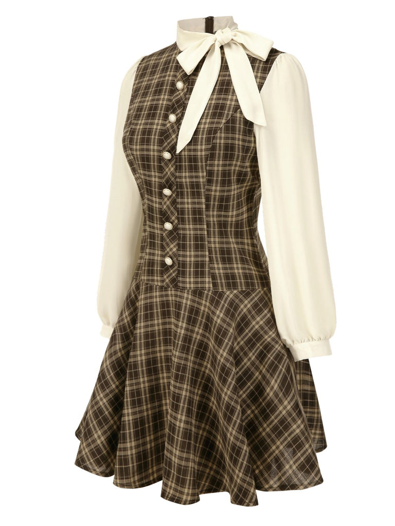 Robe trapèze marron à carreaux avec nœud années 1960