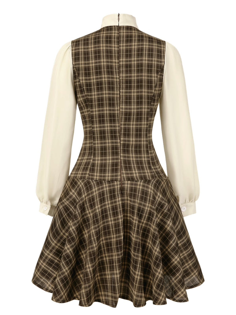 Robe trapèze marron à carreaux avec nœud années 1960
