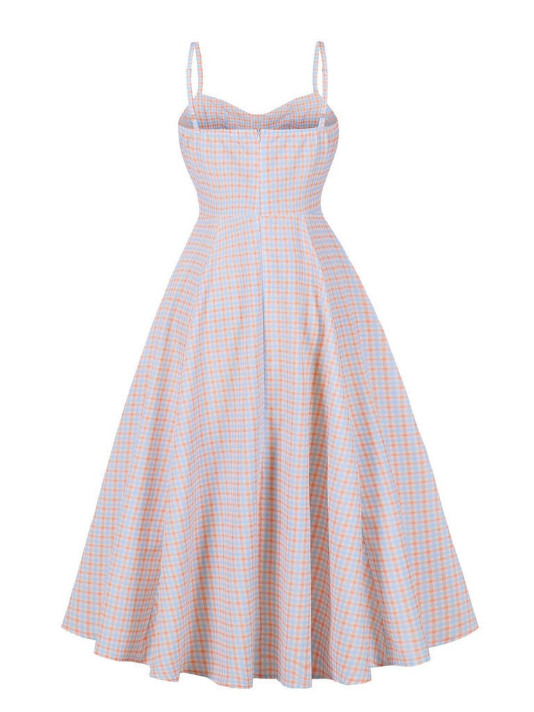Robe blanche à bretelles spaghetti et carreaux vichy des années 1950