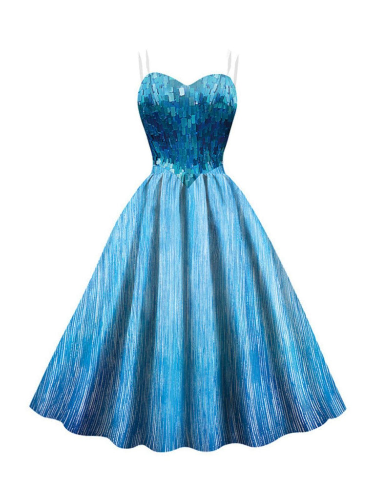 Robe bleue pour Halloween modèle Elsa motif flocons neige et bretelles fines années 50