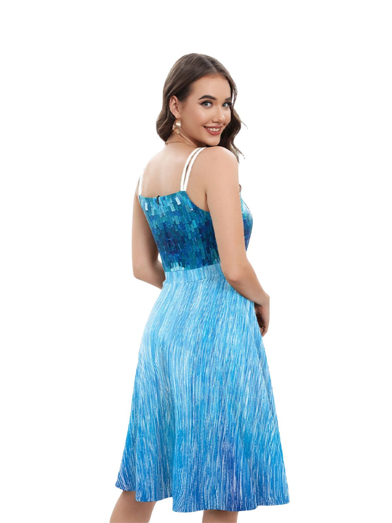 Robe bleue pour Halloween modèle Elsa motif flocons neige et bretelles fines années 50