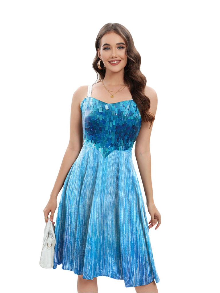 Robe bleue pour Halloween modèle Elsa motif flocons neige et bretelles fines années 50