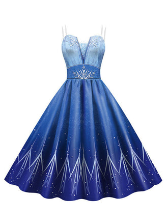 Robe bleue pour Halloween modèle Elsa motif flocons neige et bretelles fines années 50