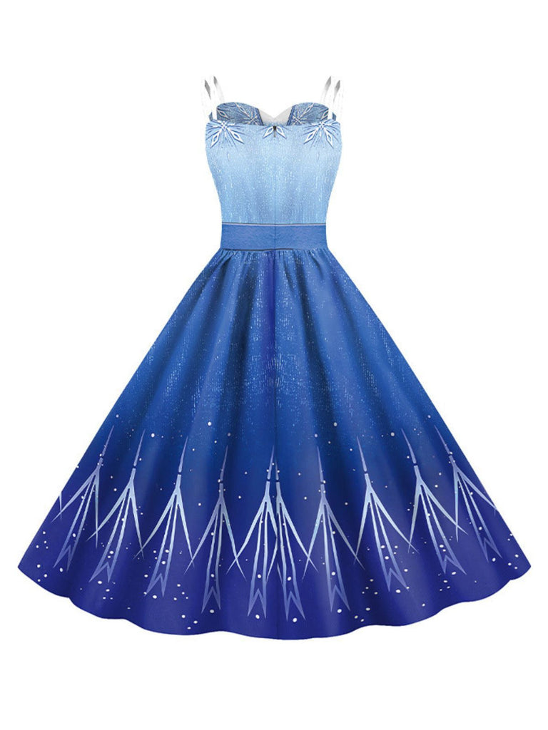 Robe bleue pour Halloween modèle Elsa motif flocons neige et bretelles fines années 50