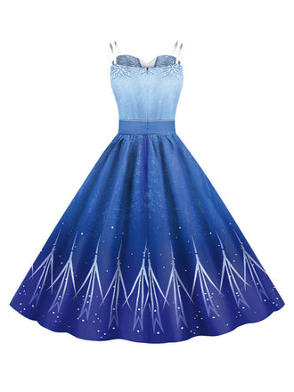 Robe bleue pour Halloween modèle Elsa motif flocons neige et bretelles fines années 50
