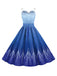 Robe bleue pour Halloween modèle Elsa motif flocons neige et bretelles fines années 50