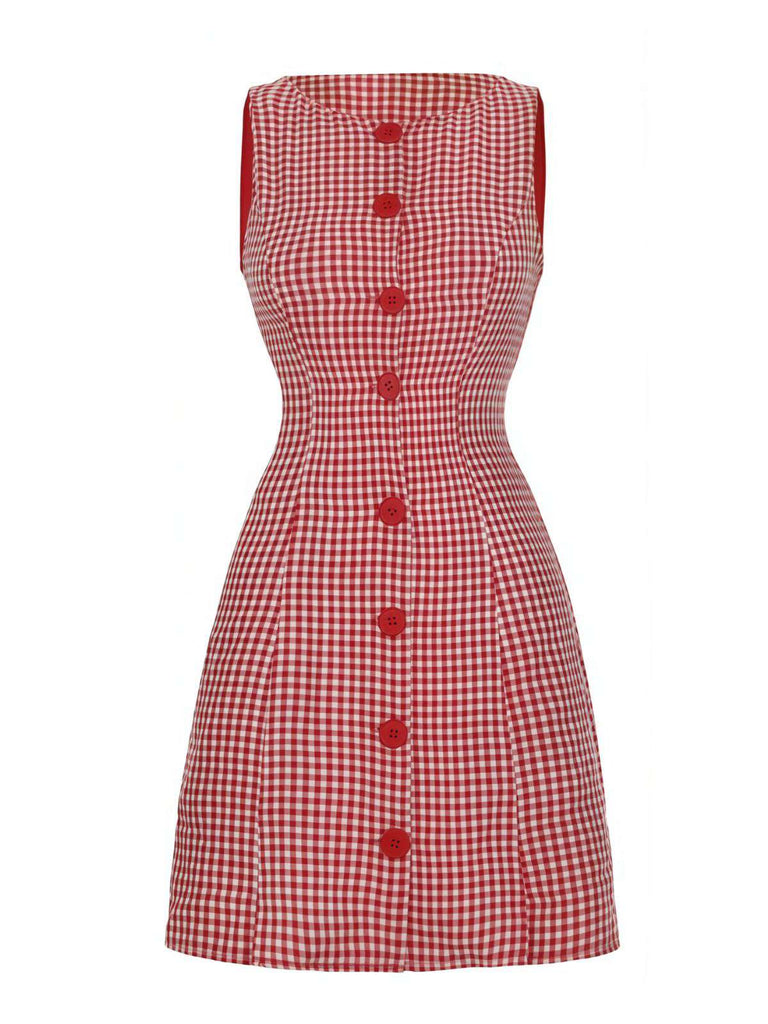 Robe rouge à carreaux vichy boutonnée sans manches des années 1960