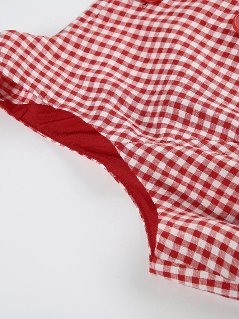 Robe rouge à carreaux vichy boutonnée sans manches des années 1960
