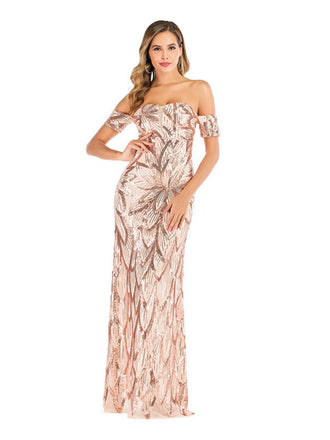 Robe champagne à épaules dénudées à paillettes et fleurs années 1920