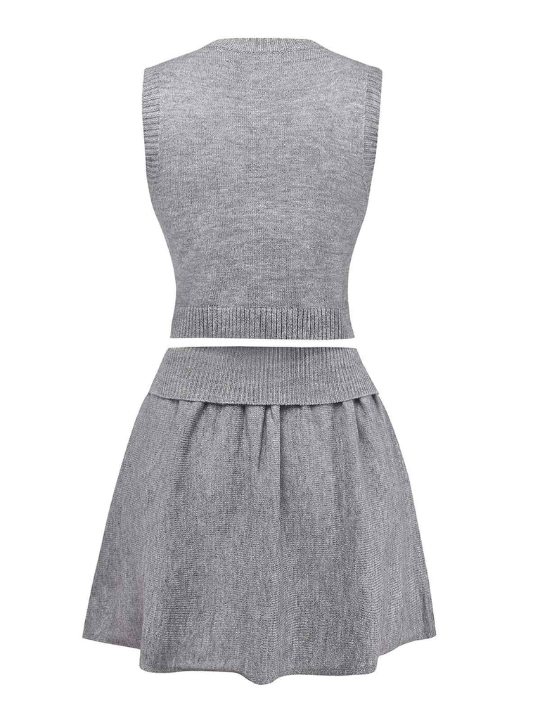 2PCS Haut et jupe en tricot gris à col en V années 1960