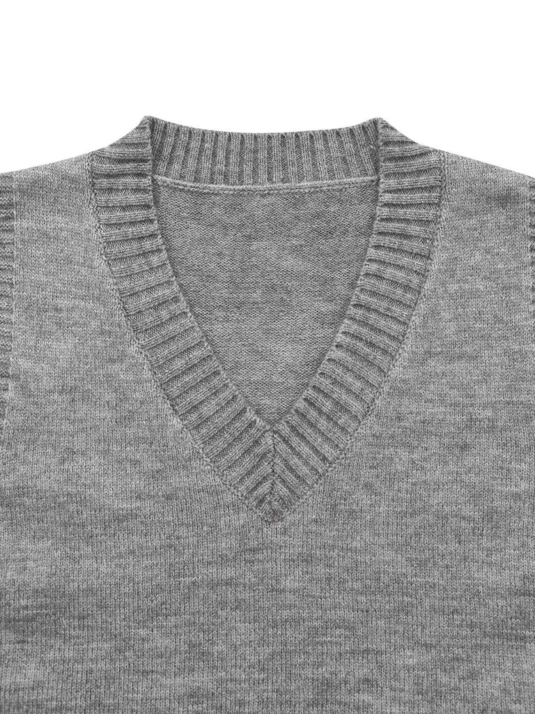 2PCS Haut et jupe en tricot gris à col en V années 1960