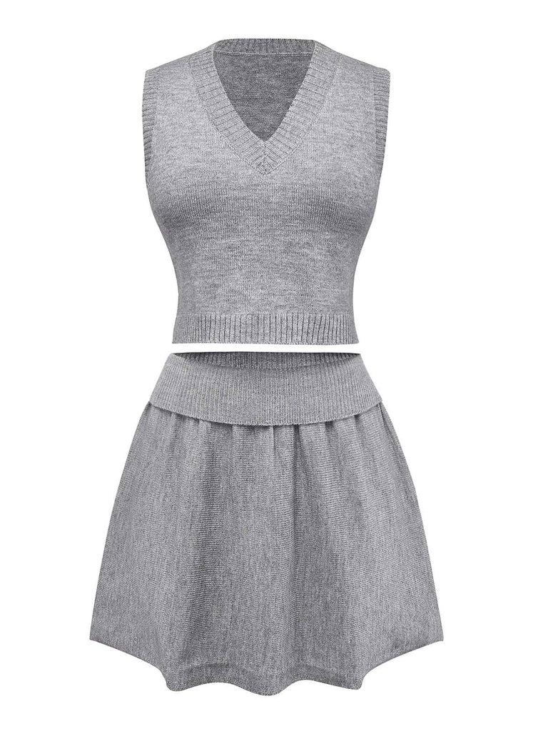 2PCS Haut et jupe en tricot gris à col en V années 1960