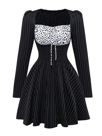 Robe noire à rayures verticales et motif léopard des années 1950
