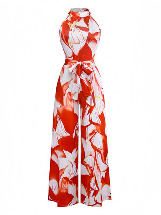 Combinaison rouge sans manches imprimés de fleurs abstraites avec ceinture années 1930