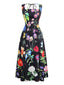 Robe longue fleurie noire à col carré des années 1930