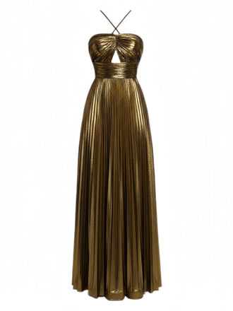 Robe plissée dorée à dos nu et col croisé années 1930