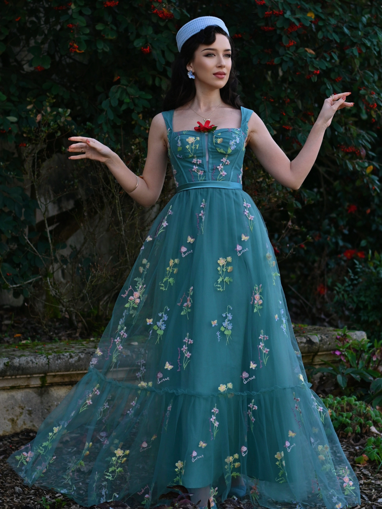 Robe en maille florale à lacets et baleines des années 1930