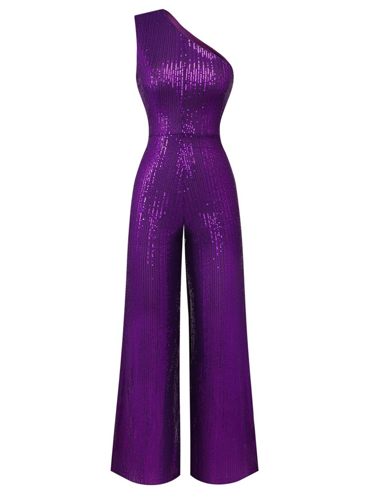 Combinaison asymétrique à paillettes violette des années 1970