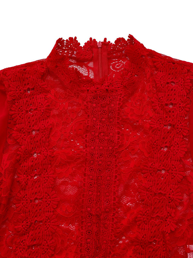 Combinaison manches bouffante en dentelle rouge unie des années 1960