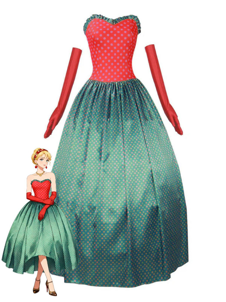 Robe bustier verte à pois style Grinch Martha Cosplay des années 1930