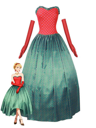 Robe bustier verte à pois style Grinch Martha Cosplay des années 1930
