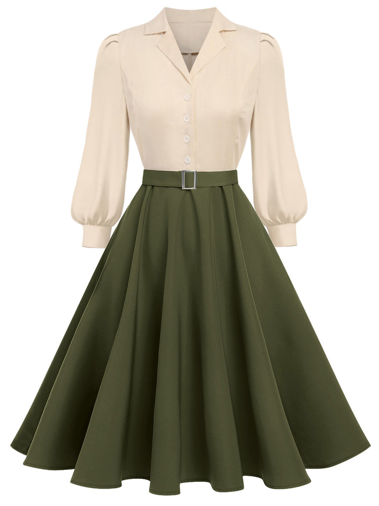 Robe boutonnée manches longues et blocs de couleurs kaki des années 1950