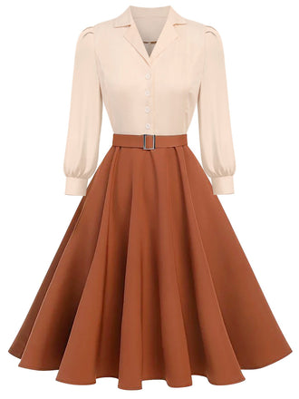 Robe boutonnée manches longues et blocs de couleurs kaki des années 1950