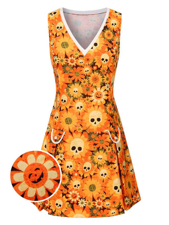 Robe orange fleurl et crâne Halloween années 1960