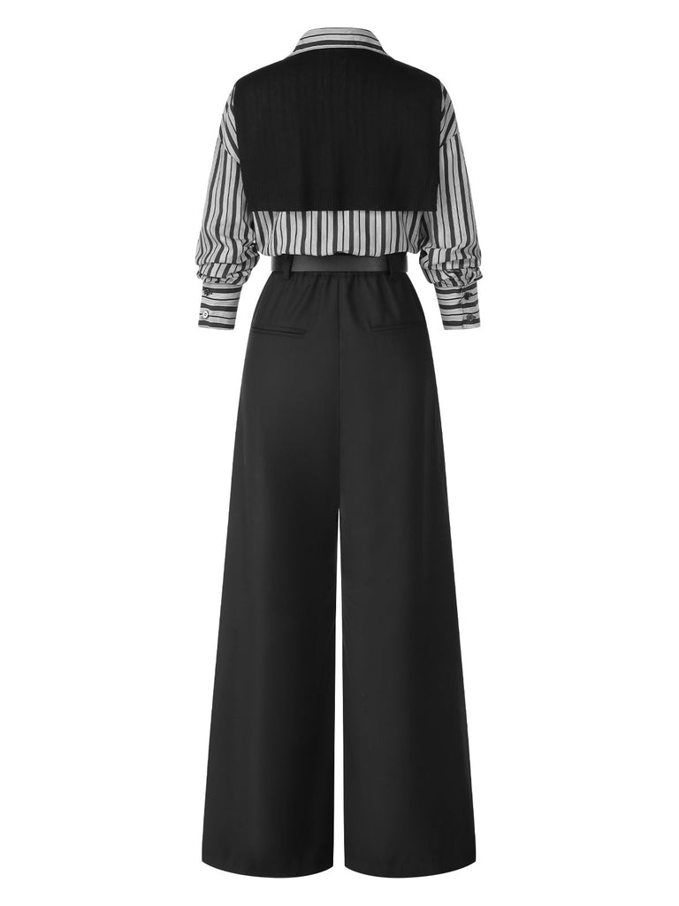 Combinaison noire à rayures et col chemise des années 40 avec cape