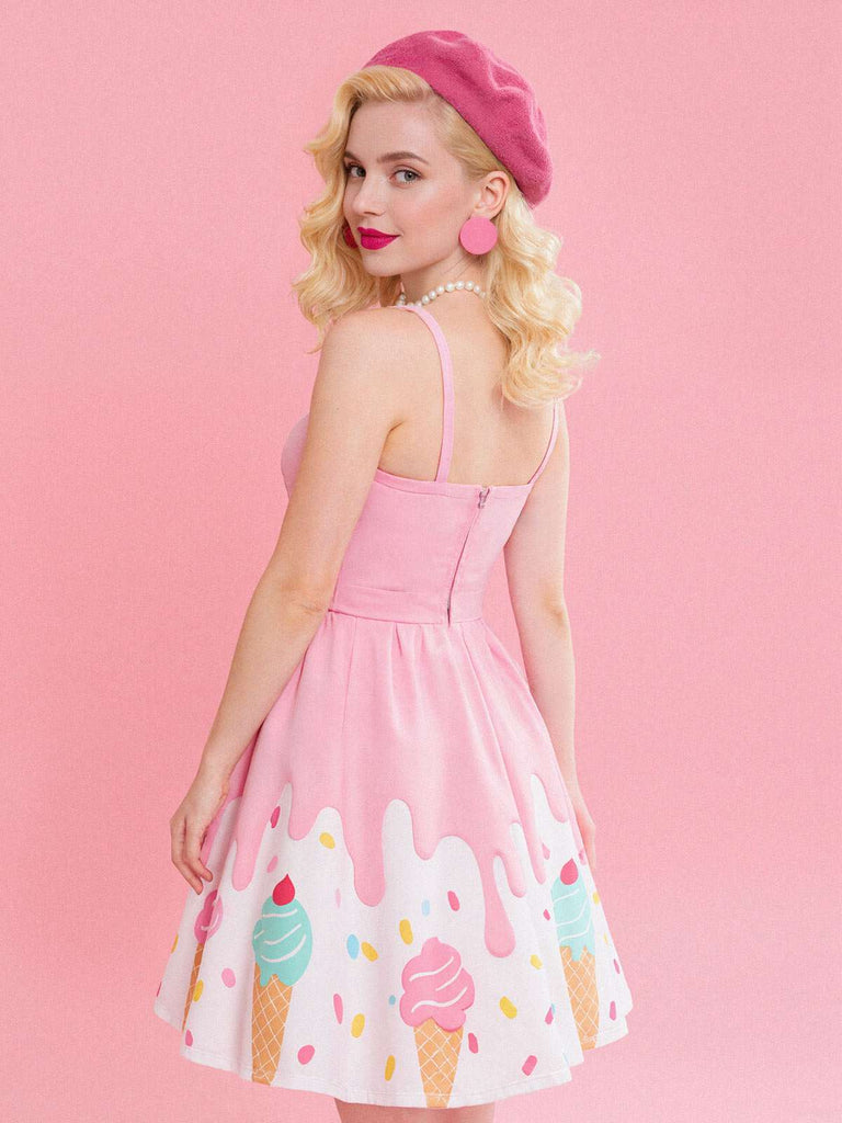 Robe rose col en cœur et motif glace des années 1950
