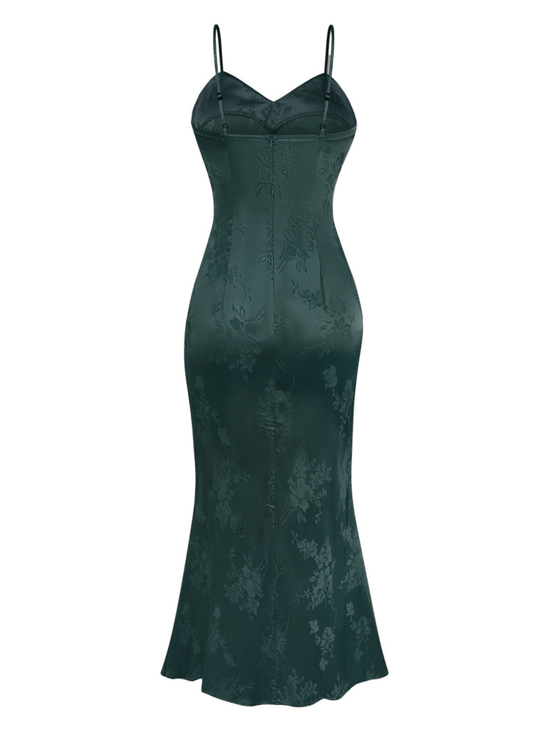 Robe sirène en satin et bretelles uni motif floral jacquard années 1930