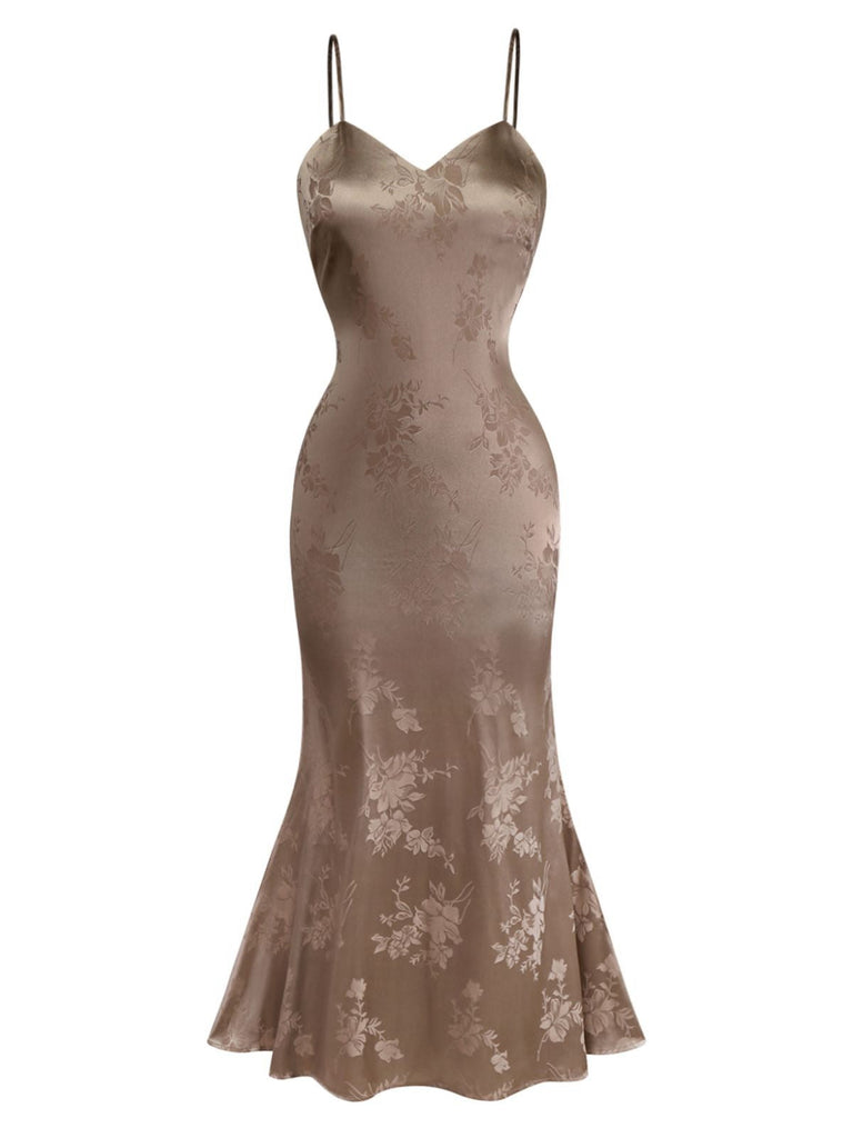 Robe sirène en satin et bretelles uni motif floral jacquard années 1930