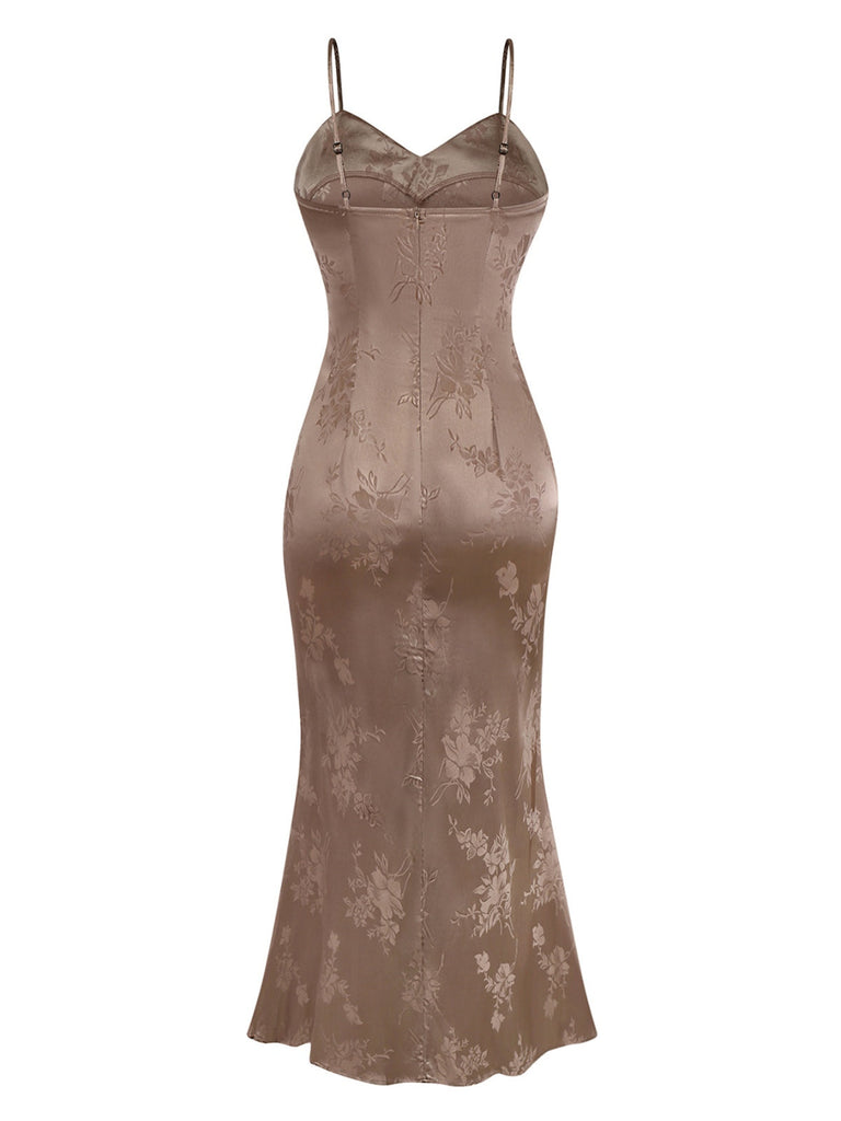 Robe sirène en satin et bretelles uni motif floral jacquard années 1930