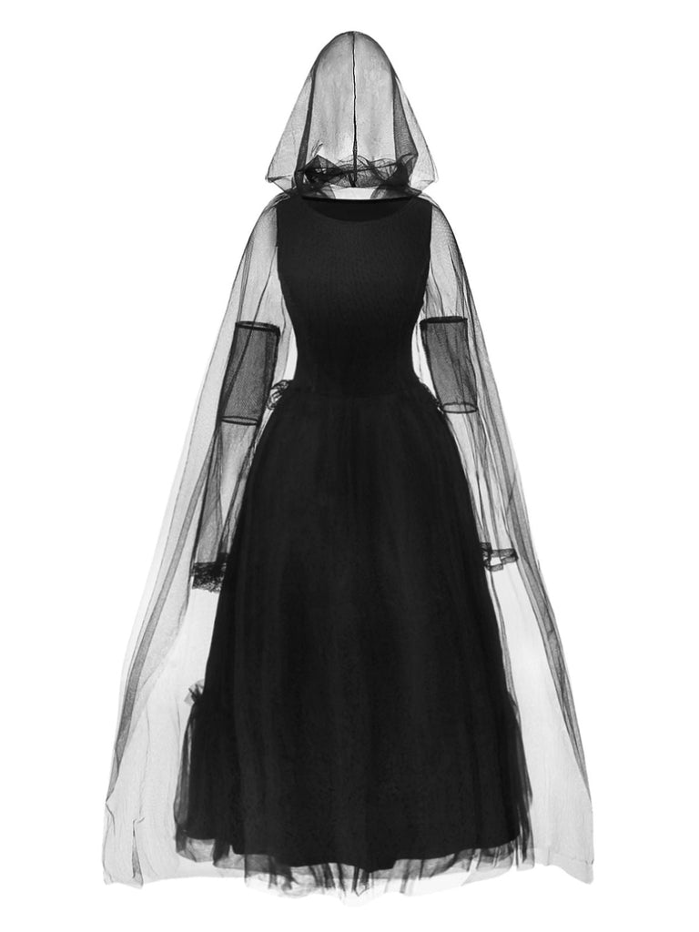 Robe noire patchwork en maille Halloween des années 1980 avec cape