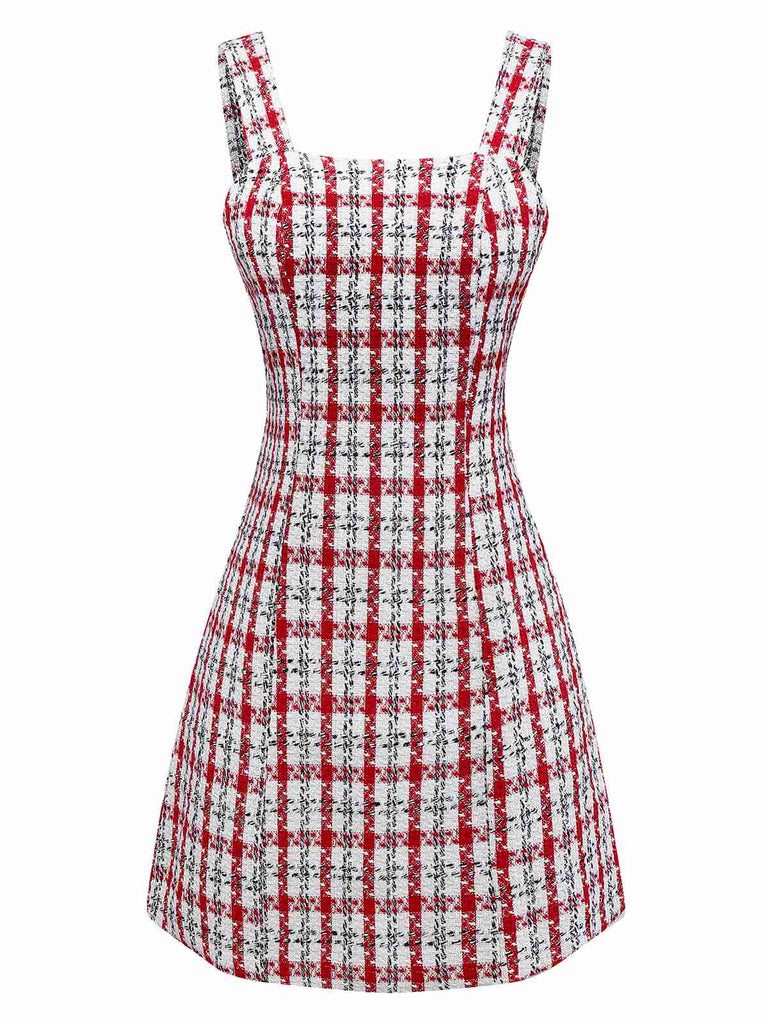 Robe gilet en tweed à carreaux rouge des années 1960