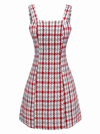 Robe gilet en tweed à carreaux rouge des années 1960