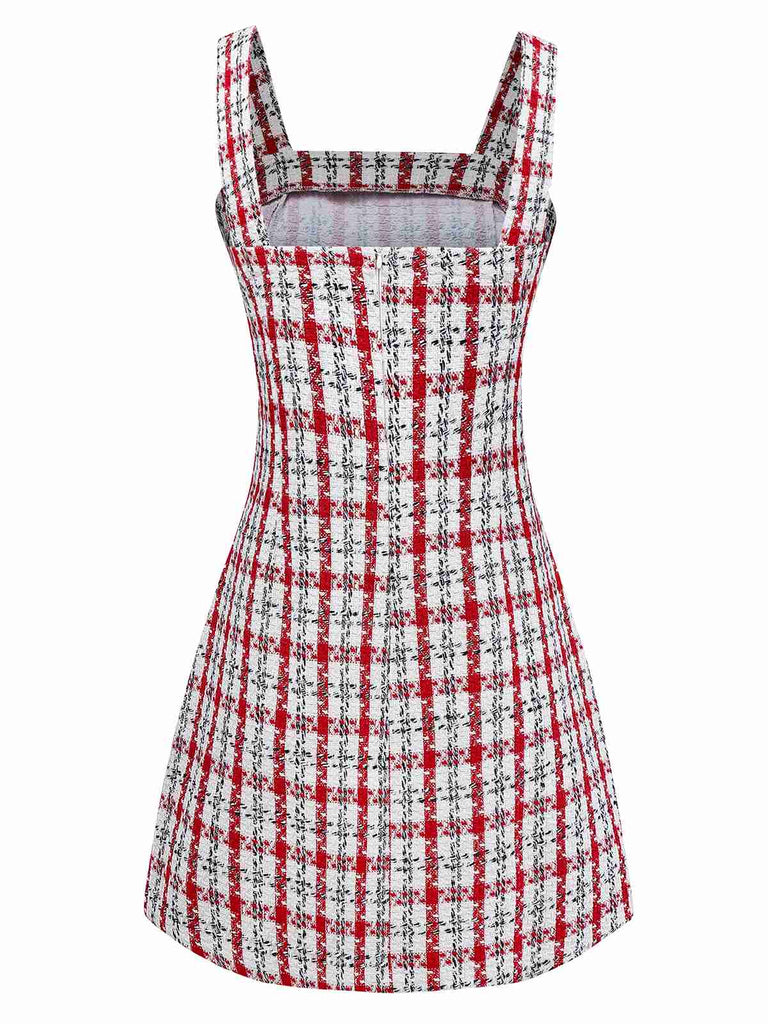 Robe gilet en tweed à carreaux rouge des années 1960