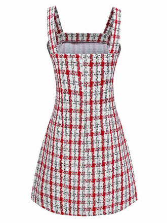 Robe gilet en tweed à carreaux rouge des années 1960