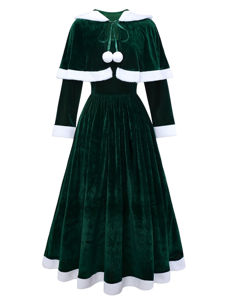 Robe de Noël verte en velours avec cape du Père Noël des années 1930
