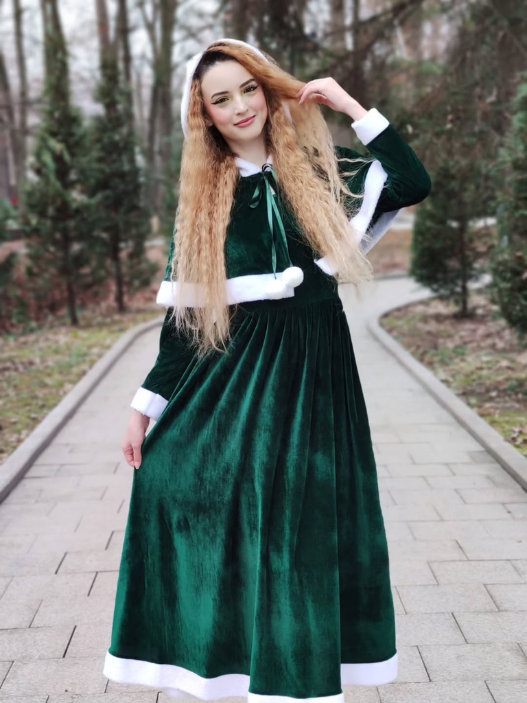 Robe de Noël verte en velours avec cape du Père Noël des années 1930