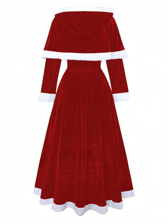 Robe de Noël rouge en velours avec cape du Père Noël des années 1930