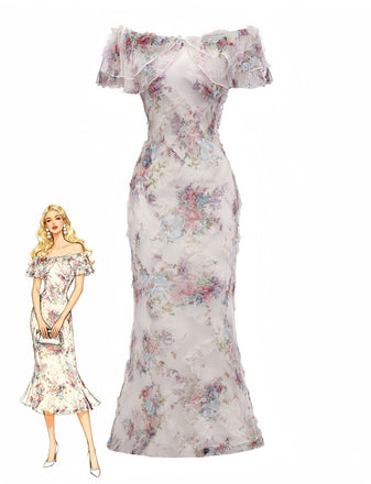 Robe longue à épaules dénudées en résille florale multicolore des années 1930