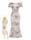 Robe longue à épaules dénudées en résille florale multicolore des années 1930