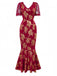 Robe sirène col en V  à fleurs dorées en dentelle patchwork rouge des années 1930