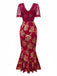Robe sirène col en V  à fleurs dorées en dentelle patchwork rouge des années 1930