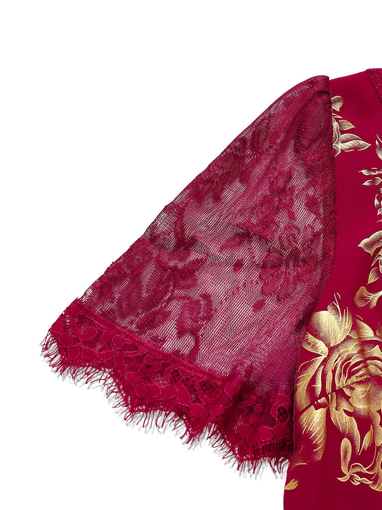 Robe sirène col en V  à fleurs dorées en dentelle patchwork rouge des années 1930