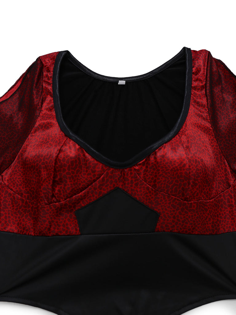 2PCS Haut en maille guépard rouge et jupe sirène des années 1930