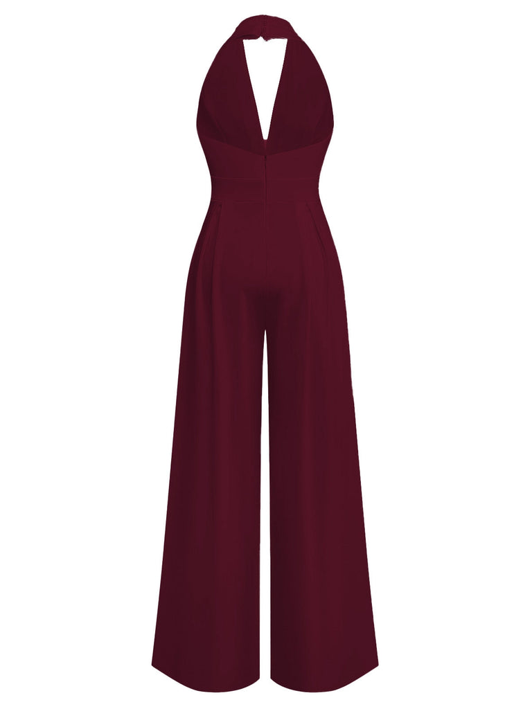 Combinaison pantalon unie col V profond et jambes ultra-larges années 1970