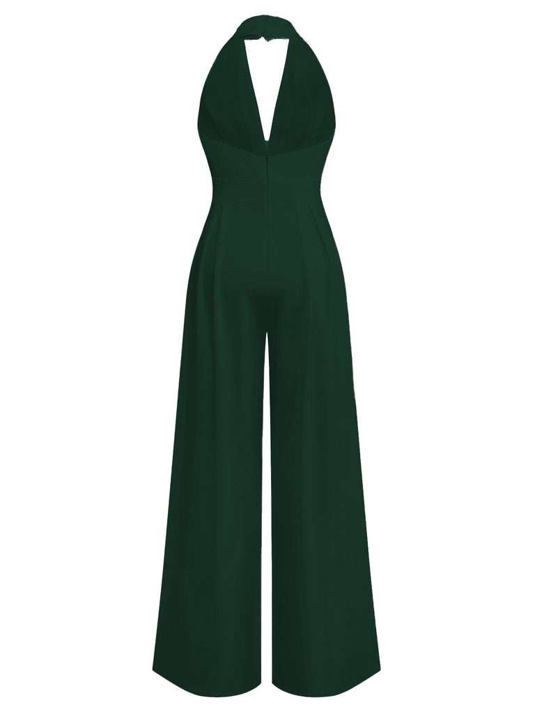 Combinaison pantalon unie col V profond et jambes ultra-larges années 1970